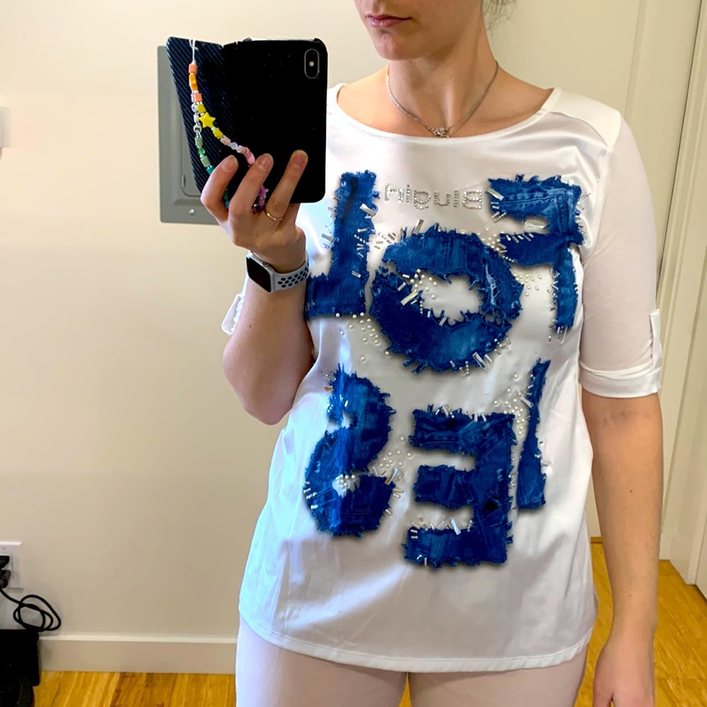 BluGirl white and blue top with rhinestones - very good condition